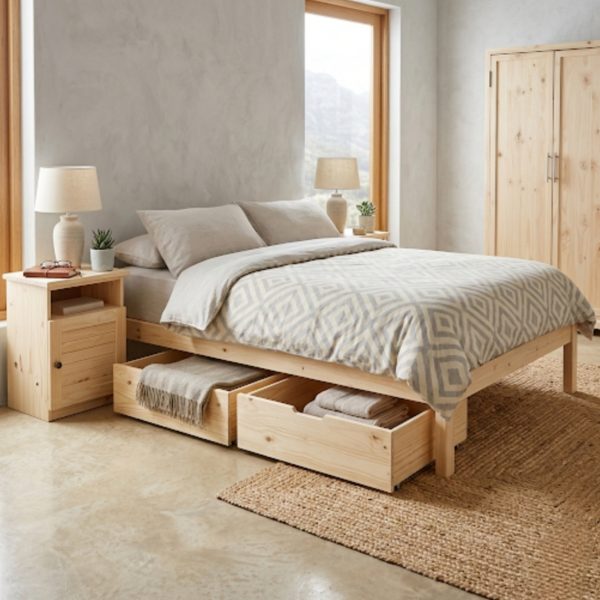 Dream Beds room scene divan with under storage boxes pedestal and wardrobe - natural pine