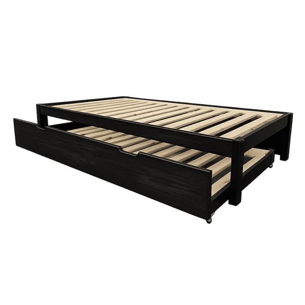 Single wooden base with under bed on wheels black