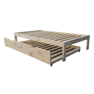 Single wooden base with under bed on wheels clear