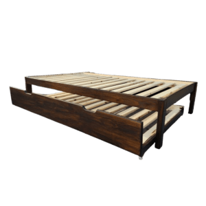 Single wooden base with under bed on wheels dark oak
