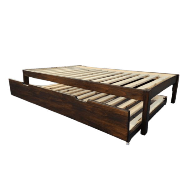 Single wooden base with under bed on wheels dark oak